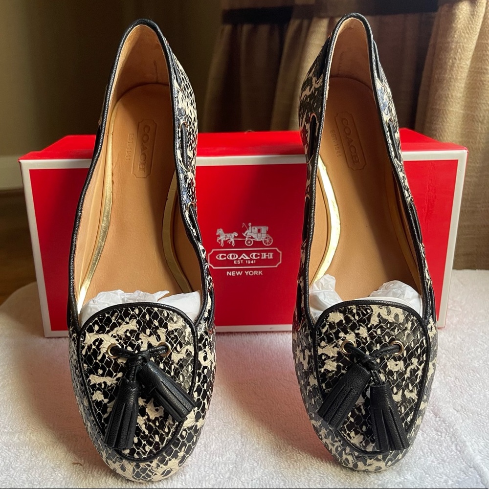 COACH flats. Black white snake skin on leather with tassels and gold hardware